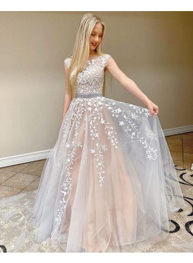 2022 Prom Dresses A-Line Silver Tulle With Appliques Long Dress
