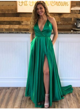 2022 Prom Dresses A-Line Halter Emerald Silk Like Satin Side Slit Long Dress