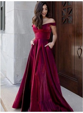 2022 Prom Dresses A-Line Burgundy Off Shoulder Long Dress Sweetheart