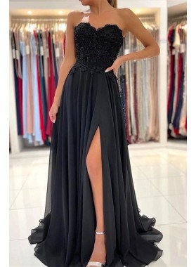 2022 A Line Chiffon Sweetheart Black Side Slit Lace Long Prom Dresses