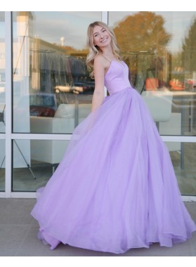 A Line Tulle Sweetheart Open Back Lace Up Long Lilac Prom Dresses 2022