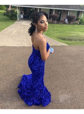 Royal Blue Sweetheart Long Sequence Mermaid Prom Dresses 2022