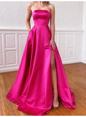 A Line Satin Fuchsia Strapless Lace Up Long Side Slit Prom Dresses 2022