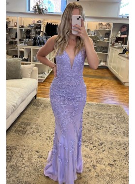 2023 V-neck Sheath/Column Tulle Appliques Sleeveless Floor-Length Prom Dresses