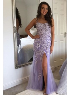 2023 Tulle Column Sleeveless Floor-Length Appliques Spaghetti Straps Prom Dresses