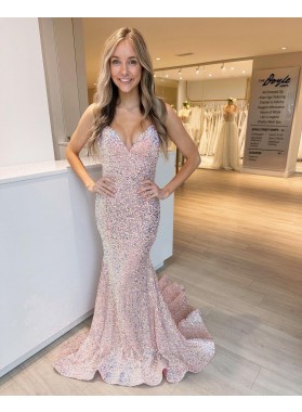 2023 V-neck Mermaid Sequins Sweep/Brush Train Sleeveless Prom Dresses