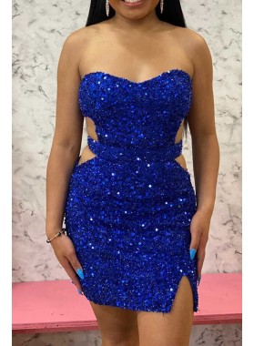 2023 Sequins Royal Blue Sweetheart Sleeveless Column Short/Mini Homecoming Dresses