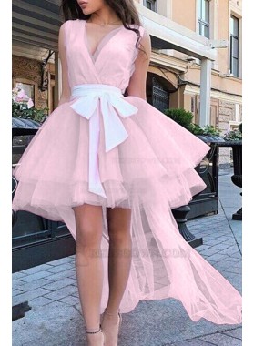 2023 V-neck Ball Gown Tulle Sleeveless High-Low Pink Homecoming Dresses