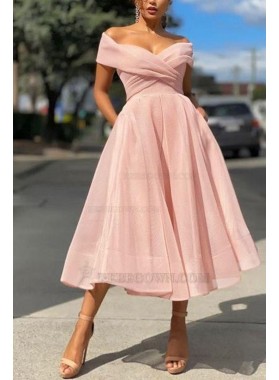 2024 A-line Off the Shoulder Organza Tea-Length Sleeveless Pink Homecoming Dresses