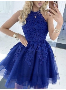 2024 Royal Blue A-line Tulle Halter Sleeveless Mini Homecoming Dresses With Appliques