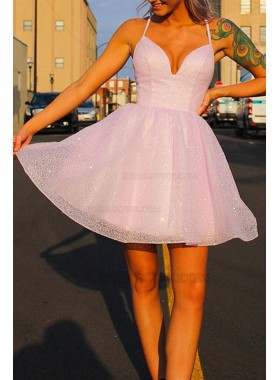 2024 Ball Gown V-neck Sequins Sleeveless Short/Mini Pink Homecoming Dresses