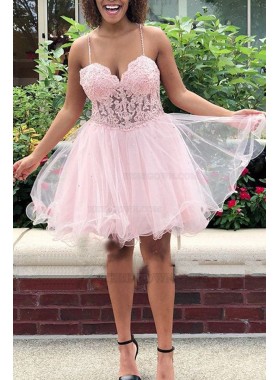 2024 V-neck Tulle Sleeveless A-line Short/Mini Pink Homecoming Dresses With Appliques