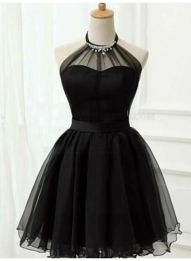 2023 A-Line Tulle Halter Sleeveless Short/Mini Black Homecoming Dresses With Beading