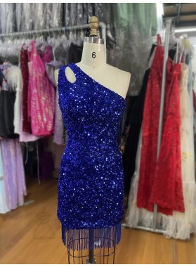 2024 One Shoulder Sequins Royal Blue Sleeveless Short Homecoming Dresses With Tassel