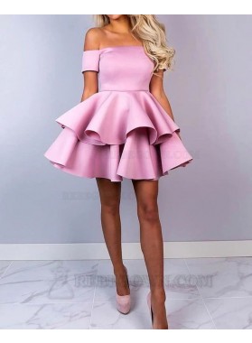 2023 Off the Shoulder Ball Gown Satin Dusty Rose Short Homecoming Dresses With Layers