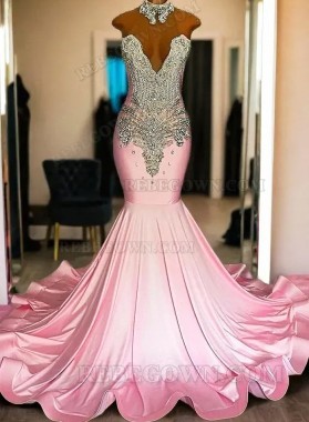 2024 Pink Satin Mermaid Prom Dress with Sequined Bodice and Flared Hem