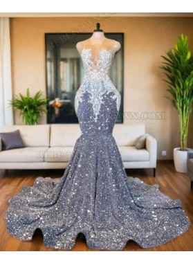2024 Silver Sparkle Mermaid Prom Dresses with Embellished Illusion Tulle Neckline
