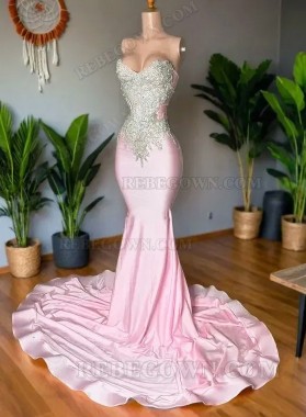 Sweetheart Pink Silk like Satin Mermaid 2024 Prom Gown with Appliques and Court Train