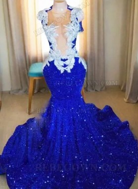 2024 Royal Blue Glittering Mermaid Prom Dresses with Beaded and Sparkling Overlay