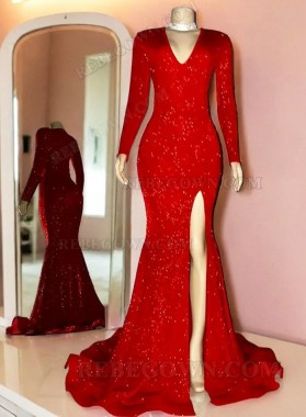 2024 Red Sequined V-neck Mermaid Prom Dresses with Long Sleeves and High Side Slit
