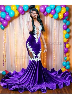 2024 Purple Velvet Mermaid Prom Dresses with White Lace Embellishments