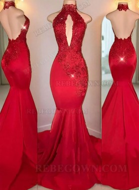 2024 Red Lace Halter Mermaid Prom Dresses with Keyhole Neckline and Flared Train