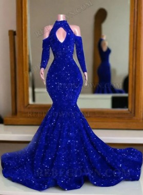 2024 Royal Blue Sequin Mermaid Prom Dresses with Keyhole Cutout and Sweep Train