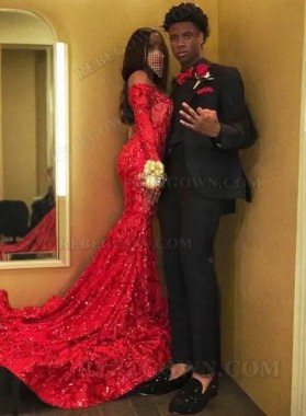 2024 Off the Shoulder Red Sequined Mermaid Prom Gowns with Long Sleeves