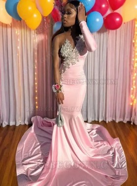 2024 Pink Fitted One Sleeve Prom Dresses with Beaded Applique and Ruffles