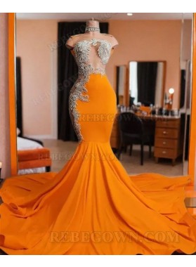 2024 Orange Mermaid Prom Dresses with Beaded Applique and Flared Hem