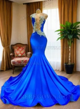 2024 Royal Blue Beaded Prom Dresses with Deep V-neck and Backless
