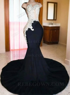 2024 Black Satin Mermaid Prom Dresses with Silver Beaded Appliques and Train