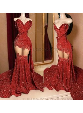 2024 Red Sequined Mermaid Prom Dress with Daring Side Cut-outs and Sweep Train