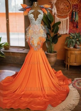 2024 Orange Satin-like Long Prom Dresses Adorned with Beads and Feathers