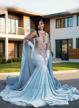 2024 Light Sky Blue Beaded Mermaid Long Prom Dresses with Shawl