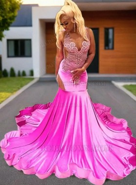 2024 Fuchsia Satin-like Mermaid Long Prom Dresses with Beading