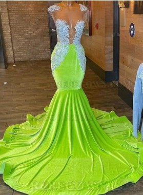 2024 Lime Green Velvet Mermaid Prom Dresses with Bateau Neckline and Beading