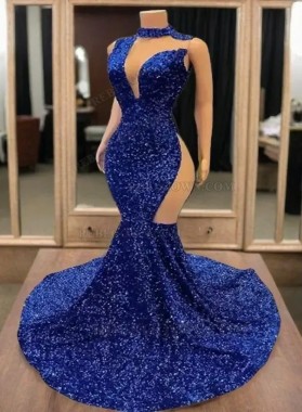 2024 Royal Blue Sequin Mermaid Prom Dresses with Bateau Neckline