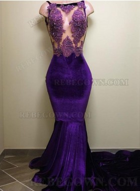2024 Purple Velvet Halter Sheath Prom Dresses with Appliques