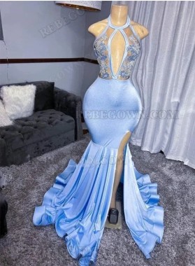 2024 Appliqued Blue Mermaid Prom Dresses with Halter Neck and Front Side Slit