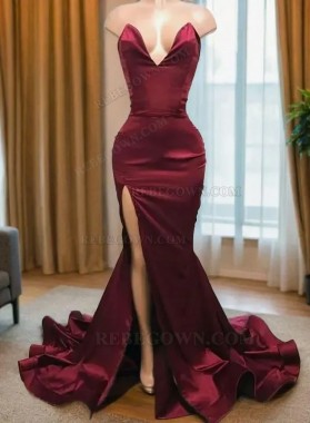2024 Burgundy Satin Sheath Prom Dresses with Sweetheart Neckline and Side Slit