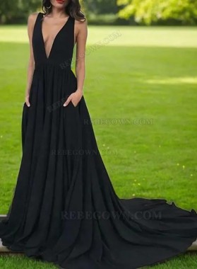 2025 Black Matte Satin A-Line Prom Dresses with V-Neck