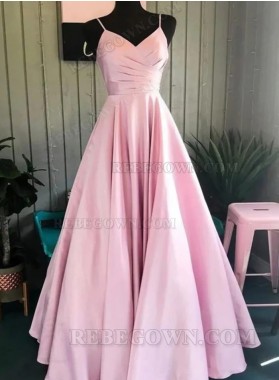 2025 Pink Satin A-Line Prom Dresses with V-Neck and Pleats