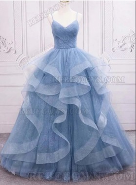 2025 Light Sky Blue Tulle Tiered A-Line Sweetheart Prom Dresses
