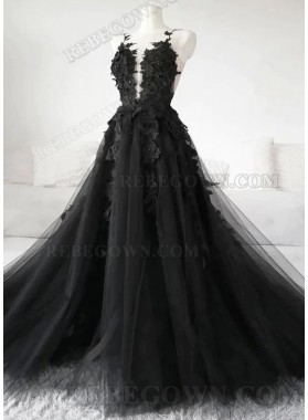 2024 Black Tulle A-Line Prom Dresses with Appliques