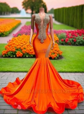 2025 Beaded Orange Mermaid Prom Dresses with Sparkly African Girl Design