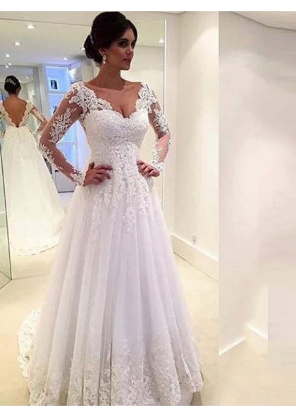 2023 Elegant A Line Long Sleeves Sweetheart Lace Wedding Dresses