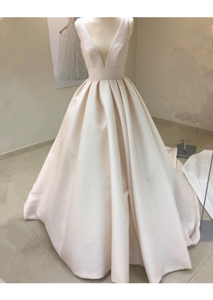 Simple A Line Deep V Neck Ivory 2023 Long Wedding Dresses