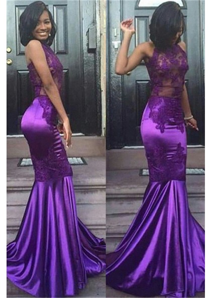 2023 Charming Prom Dresses Purple Elastic Satin Mermaid With Appliques